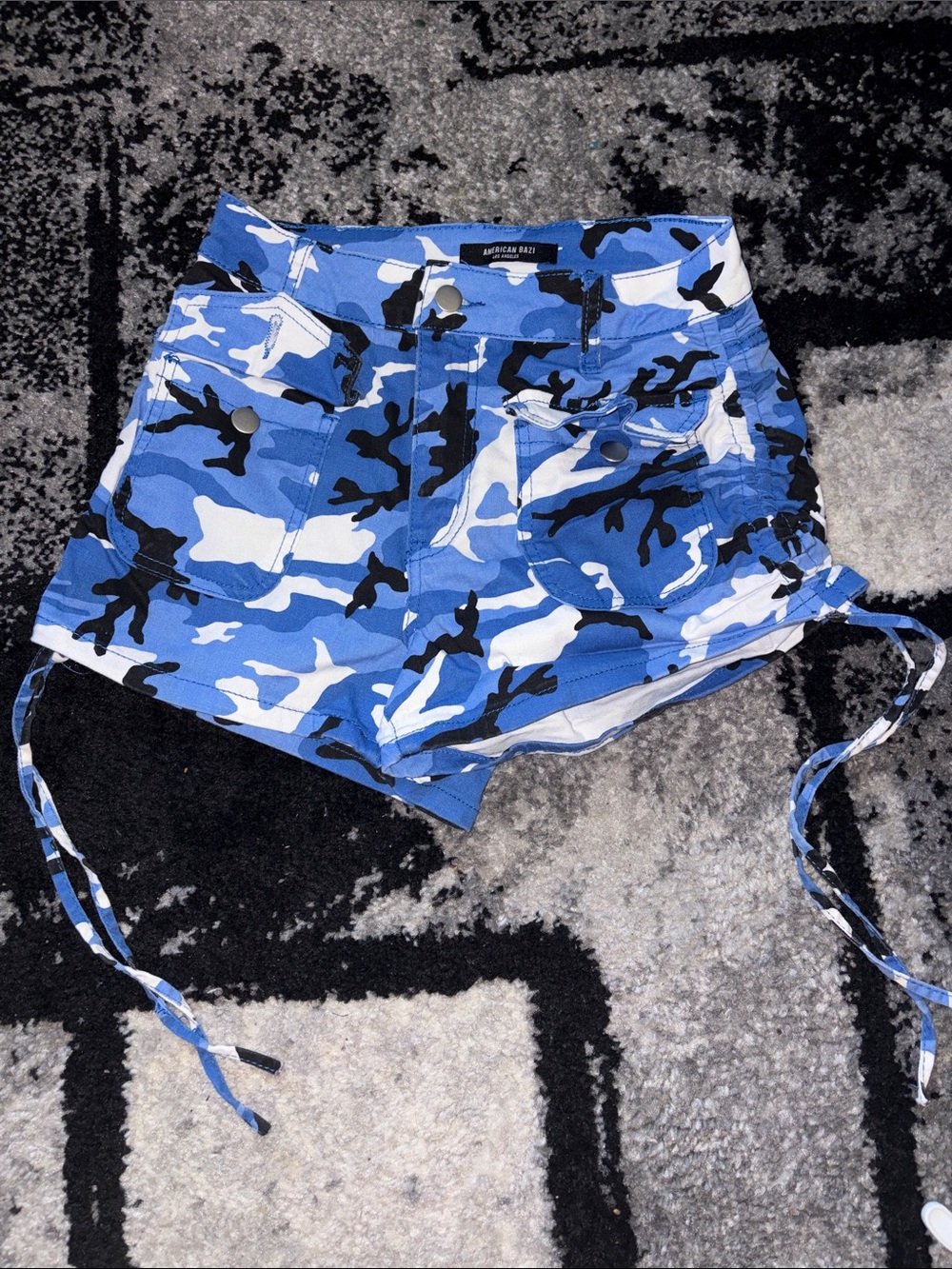 American Bazi Blue White Black Camo Ruched Drawstring Women’s Shorts